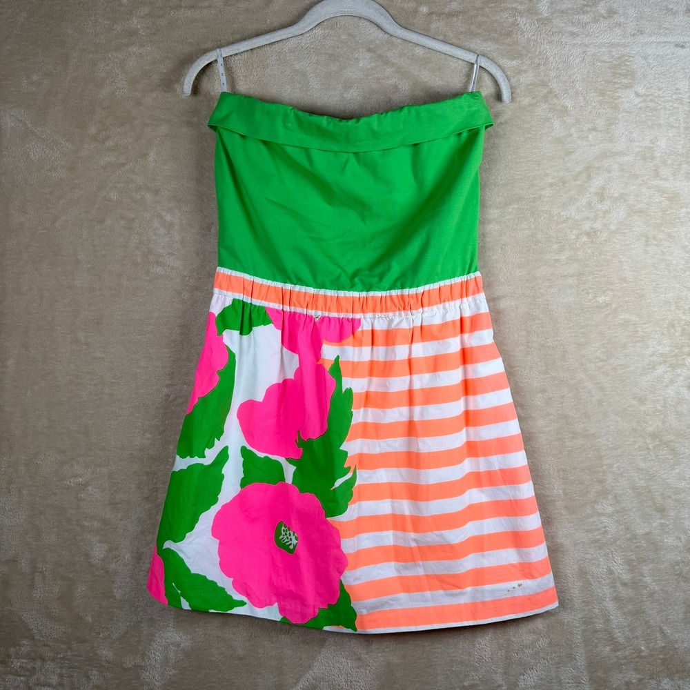Lilly Pulitzer Womens Strapless Floral Stripe Mini Dress Green Pink Orange‎ M